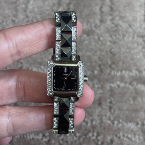 Fossil Accessories - Fossil Silver Tone Stainless Steel Black Accent Watch Women Bling Adjustable